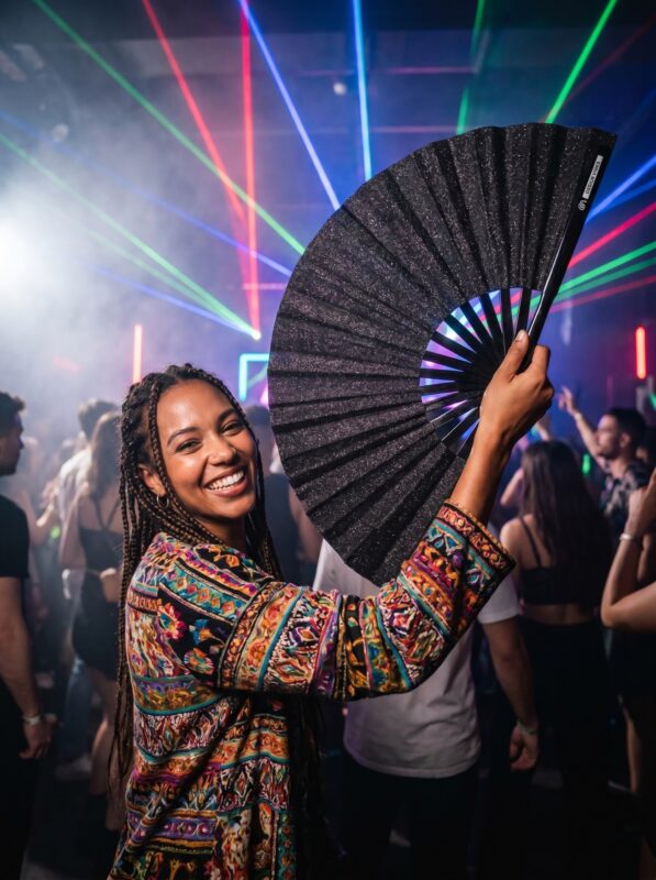Festival Fan noir à paillettes, accessoire chic pour les raves et la Pride