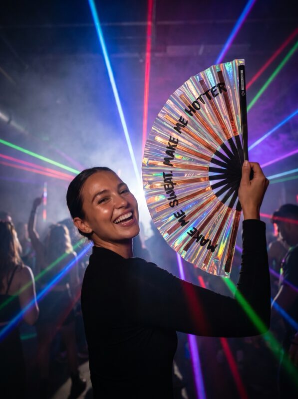 Festival Fan « MAKE ME SWEAT » holographique or rose, Rave