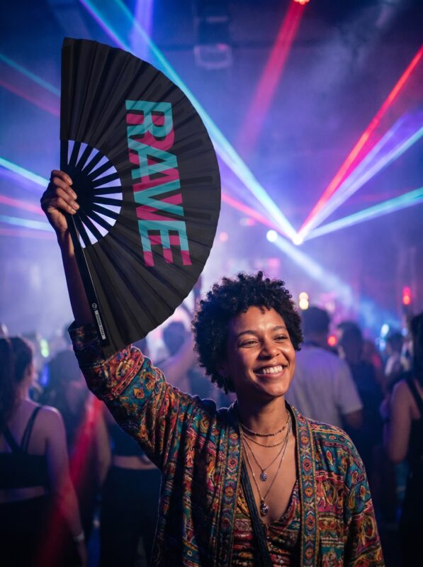 Festival Fan « RAVE » noir, bleu sarcelle et rose, accessoire Techno & Rave