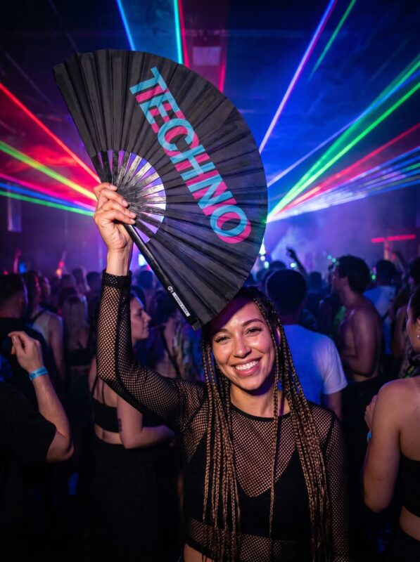 Festival Fan « TECHNO » noir, bleu sarcelle et rose, Techno & Rave